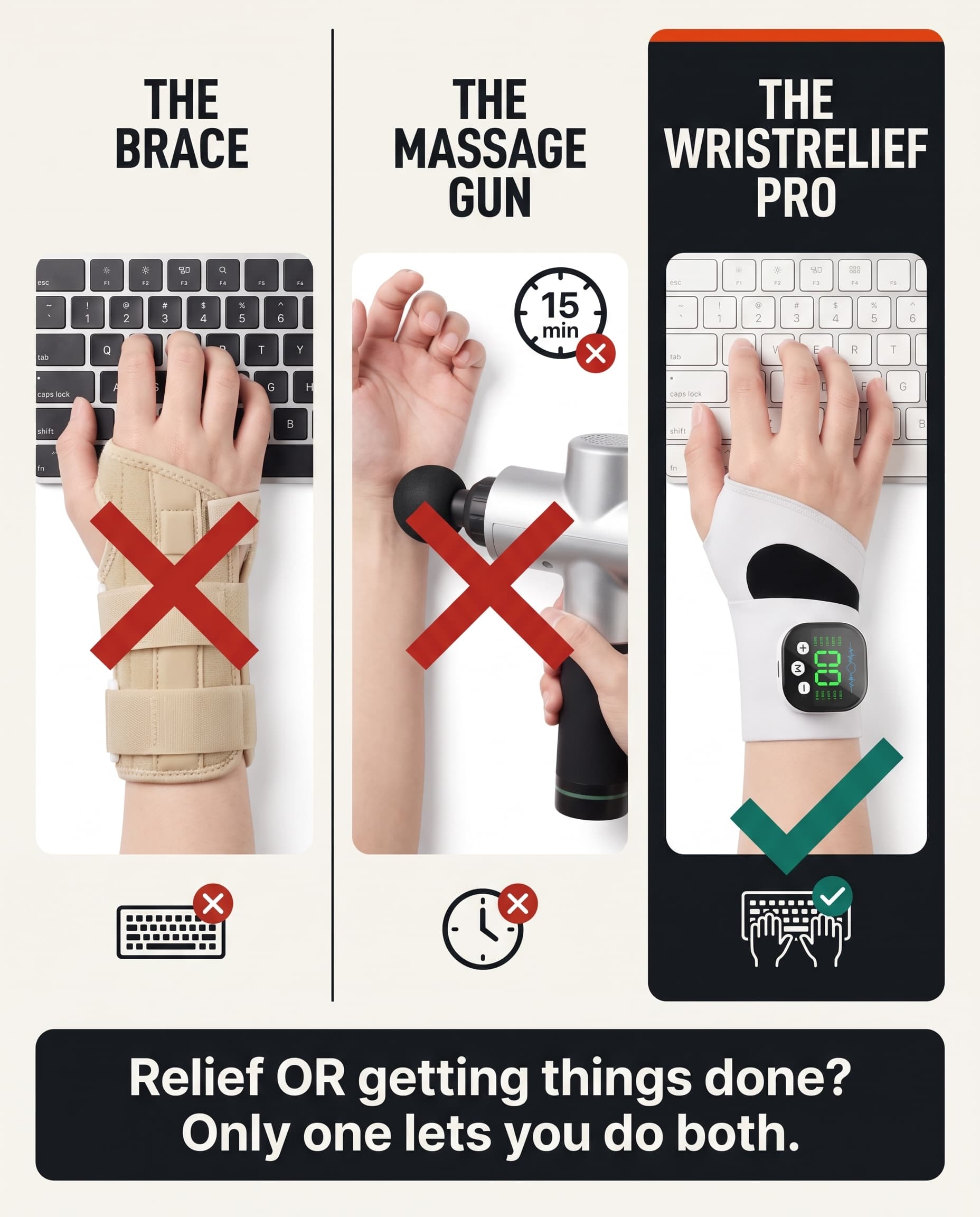 Three-way comparison: a rigid brace and a handheld massage gun each marked with a red X for blocking work, next to the WristRelief Pro worn while typing with a green check.